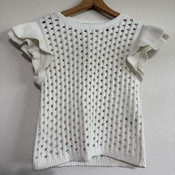 DKNY Jeans Baby Chenille Pointelle Sweater Women XS Ivory Rib Flutter-Sleeve NWT - Picture 1 of 8